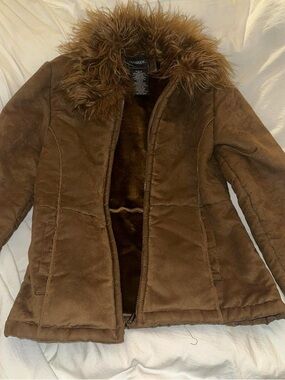 Brown Faux-Suede Puffer Jacket with Faux-Fur Collar